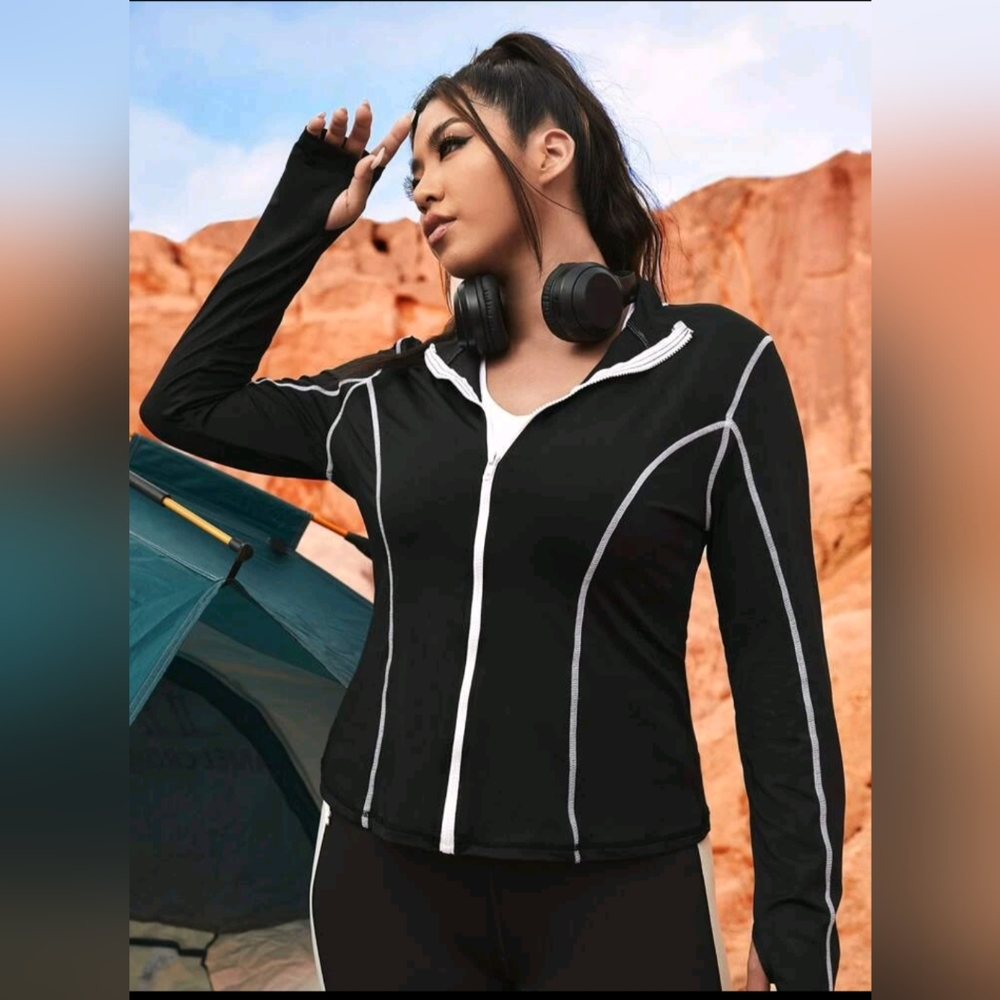 Plus Thumb Holes Top-stitching Sports Jacket